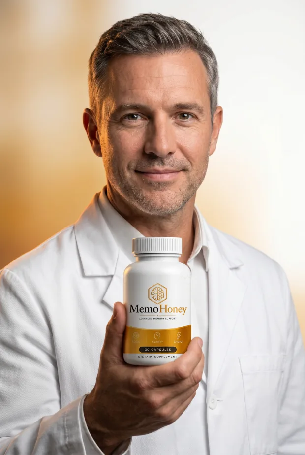 Doctor holding a bottle of MemoHoney